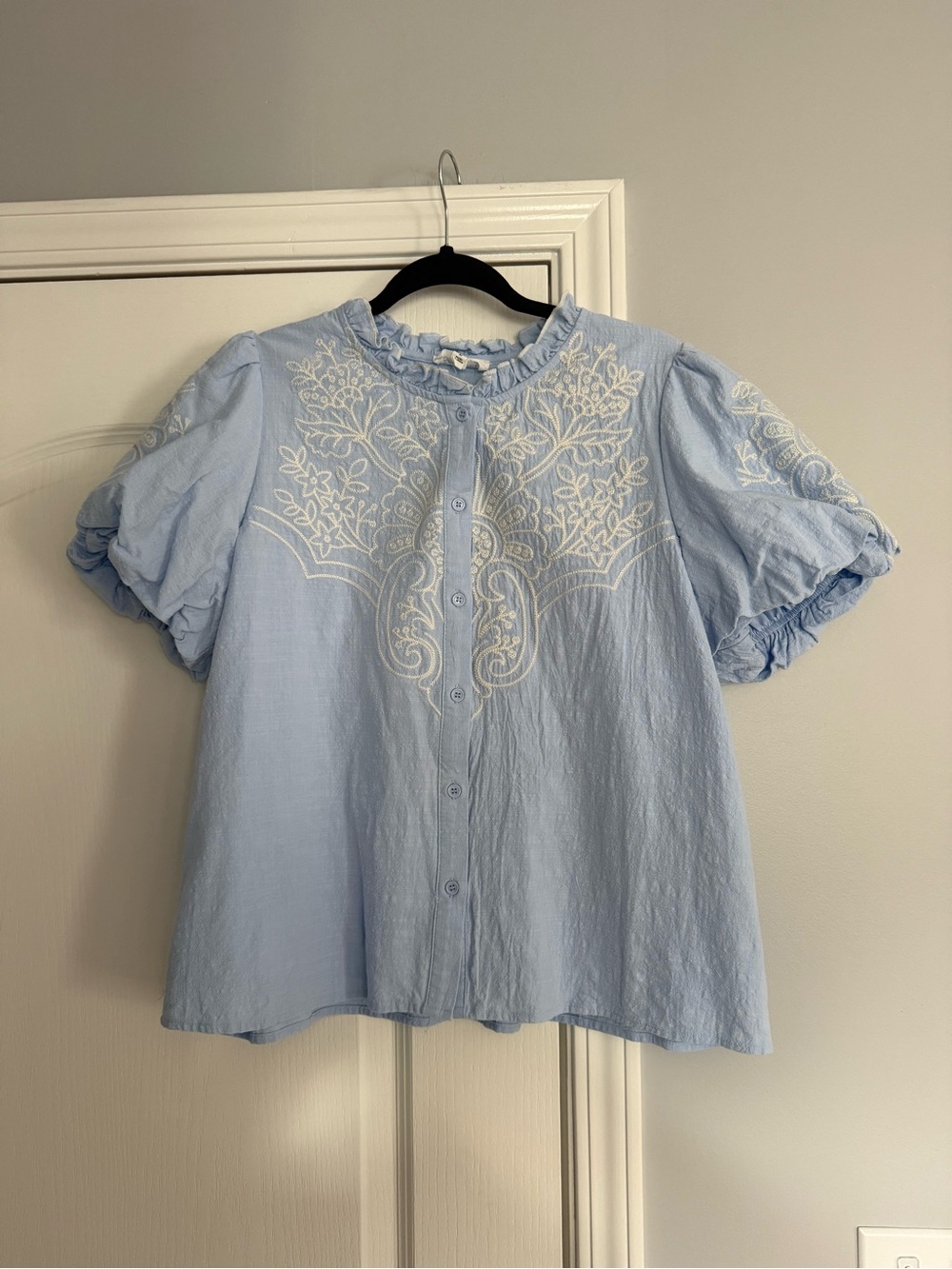 &Merci Light Blue Embroidered Puff-Sleeve Button-Front Top